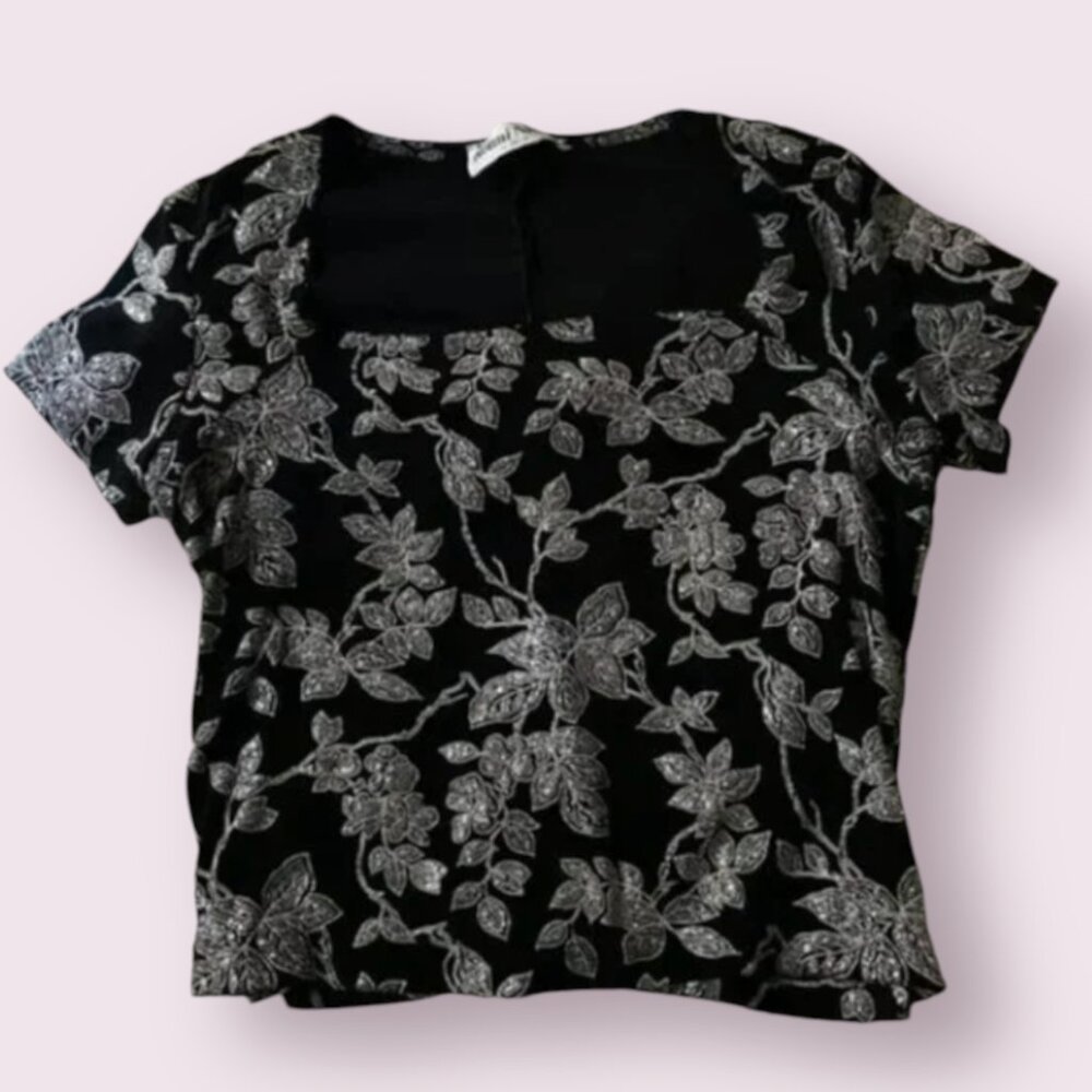 ⭐️ Floral Flower Square Peasant Boho Hipster Hippie Art Deco Farm Shimmer Blouse
